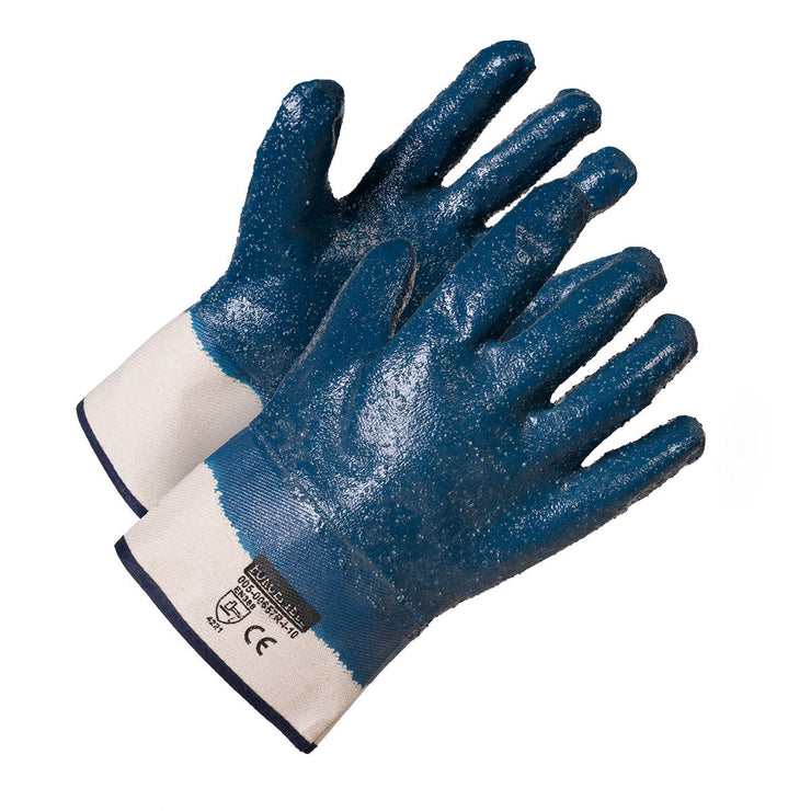 Gants de travail en nitrile bleu entièrement recouverts de tissu rugueux, avec renfort en coton, manchette de sécurité