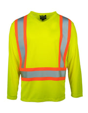 Hi Vis V-Neck Long Sleeve Safety Tee with Chest Pocket