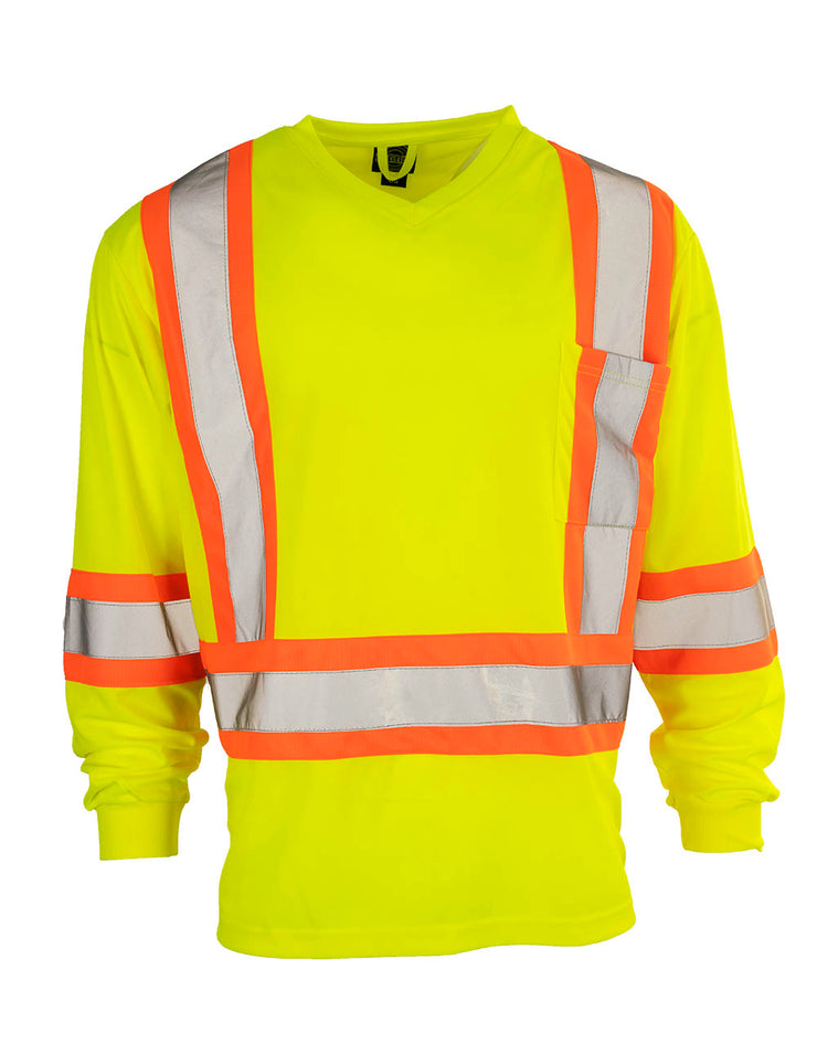 Hi Vis V-Neck Long Sleeve Safety Tee with Chest Pocket