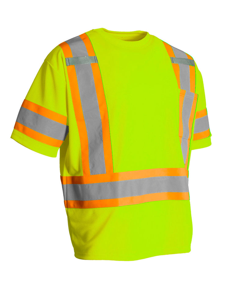 Hi Vis Crew Neck Short Sleeve Safety Tee Shirt with Chest Pocket and Arm Bands