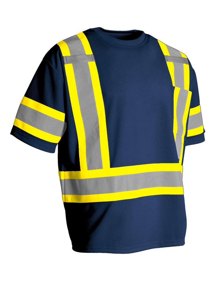 Hi Vis Crew Neck Short Sleeve Safety Tee Shirt with Chest Pocket and Arm Bands