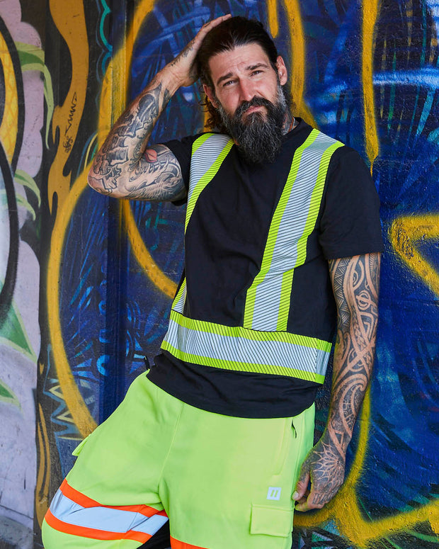 Athletic Fit Hi Vis Crew Neck Short Sleeve Safety Tee Shirt with Segmented Reflective Tape