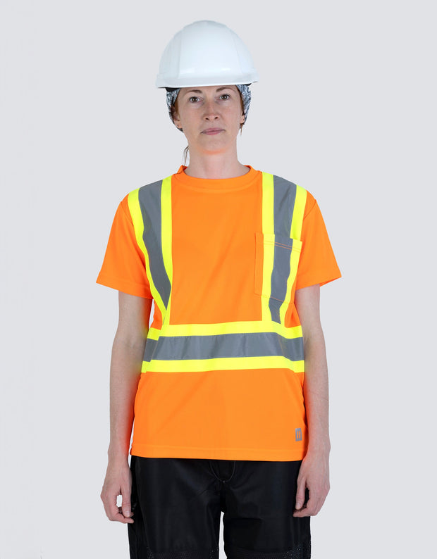 Women's Hi Vis Crew Neck Short Sleeve Safety Tee Shirt with Chest Pocket