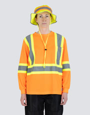 Women's Hi Vis Crew Neck Long Sleeve Safety Tee Shirt with Chest Pocket