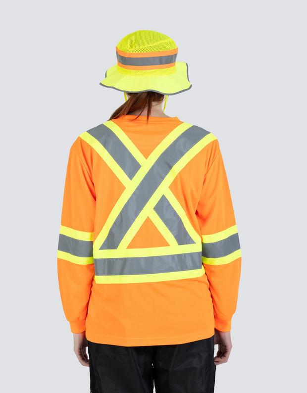 Women's Hi Vis Crew Neck Long Sleeve Safety Tee Shirt with Chest Pocket