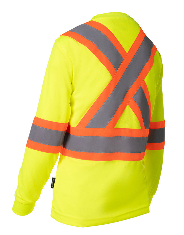 Women's Hi Vis Crew Neck Long Sleeve Safety Tee Shirt with Chest Pocket