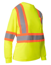 Women's Hi Vis Crew Neck Long Sleeve Safety Tee Shirt with Chest Pocket