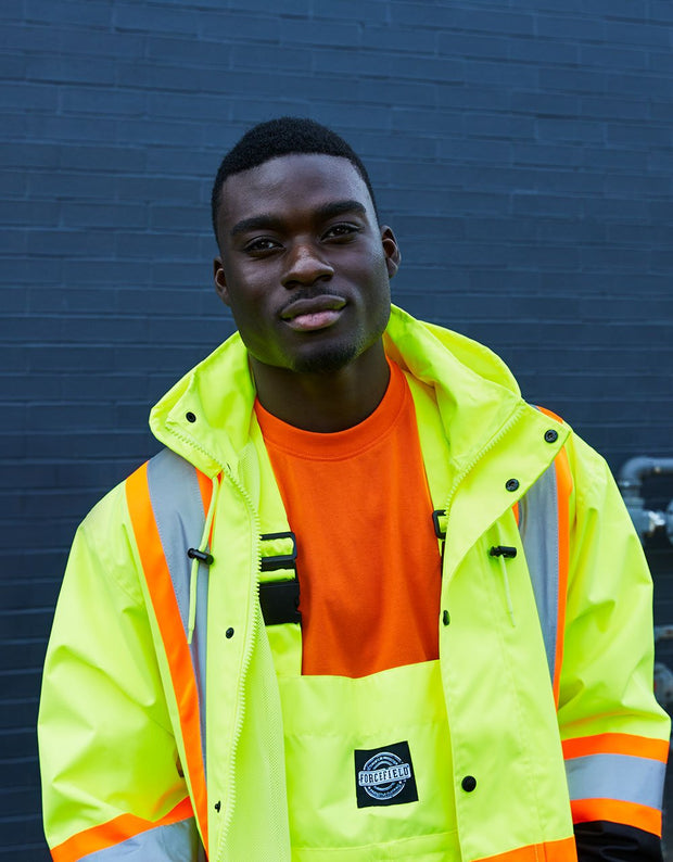 Hi Vis Safety Rain Jacket with Snap-Off Hood