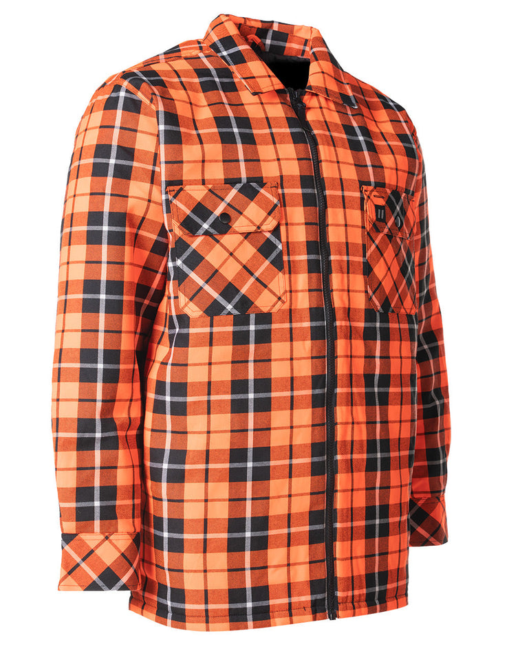 Veste chemise matelassée en flanelle à carreaux tartan orange haute visibilité avec fermeture éclair sur le devant