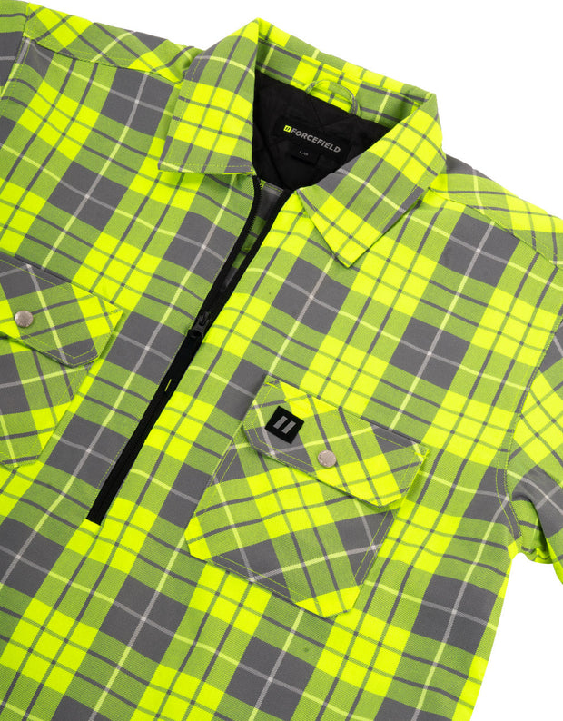 Hi Vis Plaid Quilted Flannel Shirt Jacket with 1/2 Zip Front Closure