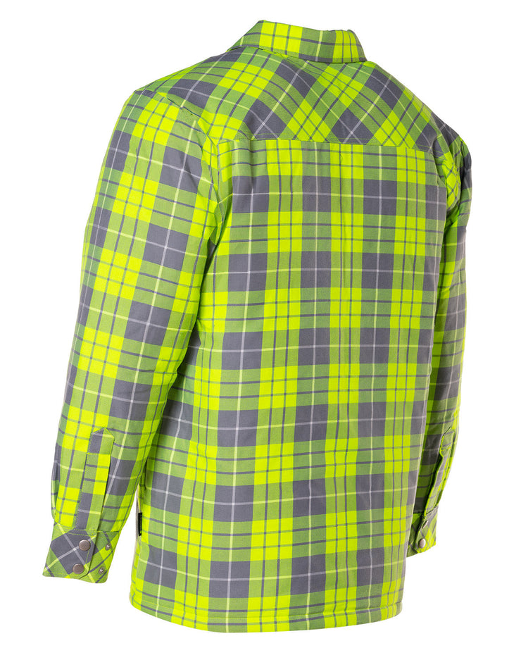 Hi Vis Lime Plaid Quilted Flannel Shirt Jacket with Front Zip