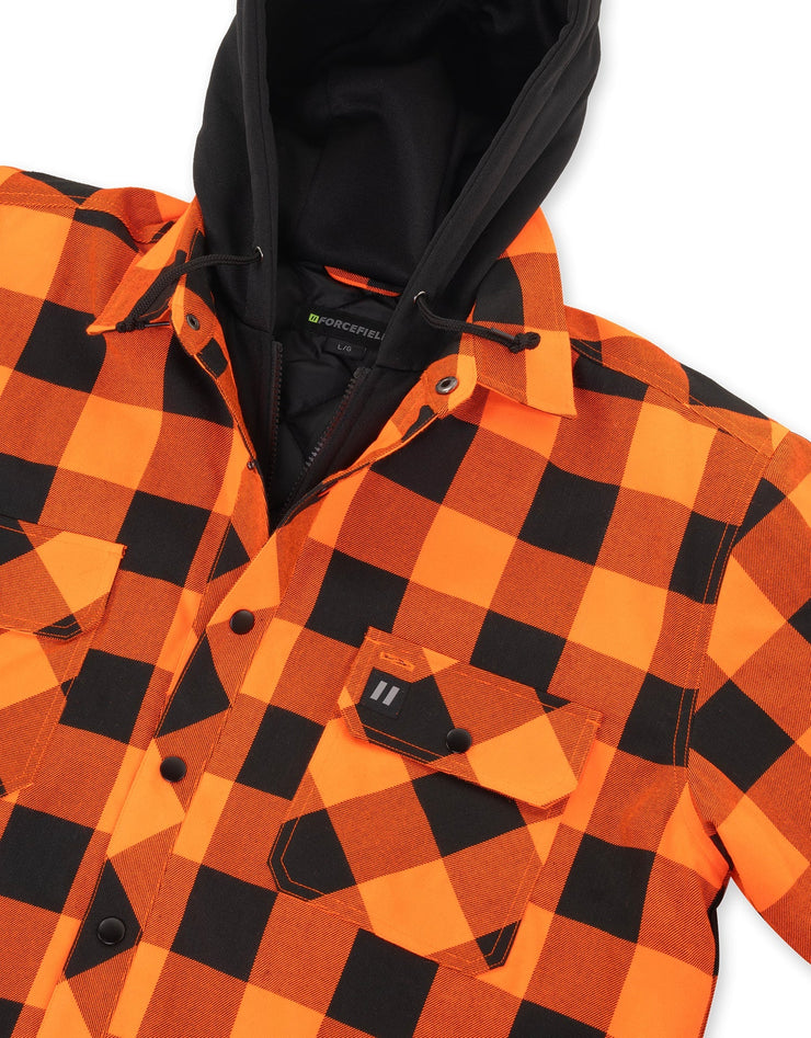 Veste chemise en flanelle matelassée à capuche et doublure matelassée à carreaux de buffle orange/noir haute visibilité