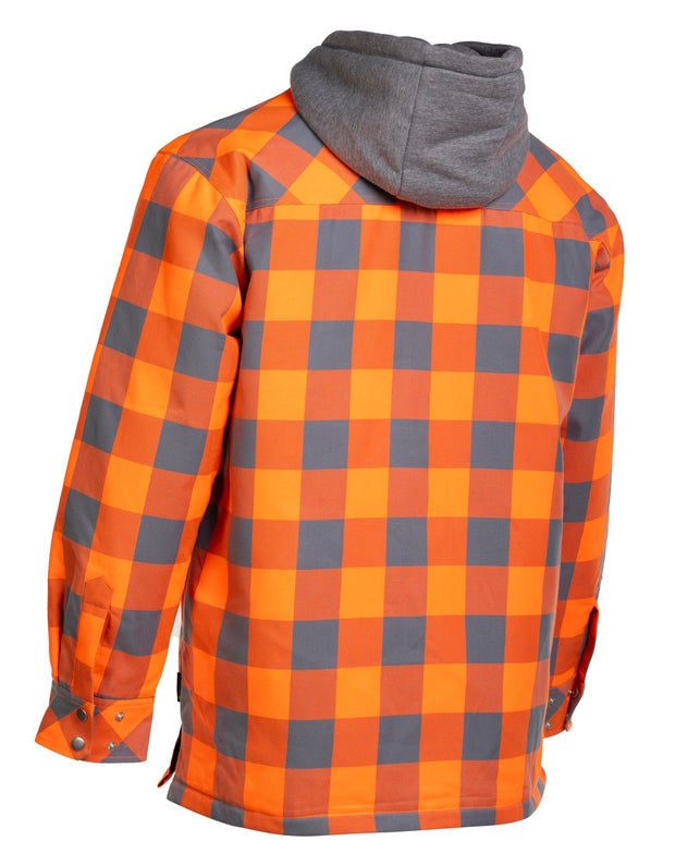 Hi Vis Orange/Silver Buffalo Plaid Hooded Quilt-Lined Flannel Shirt Jacket