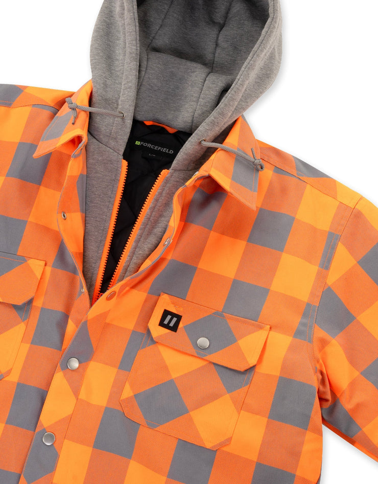 Hi Vis Orange/Silver Buffalo Plaid Hooded Quilt-Lined Flannel Shirt Jacket