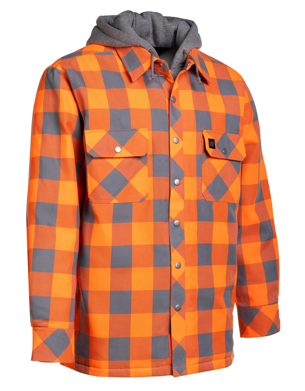 Veste chemise en flanelle matelassée à capuche et doublure matelassée à carreaux Buffalo orange/argent haute visibilité