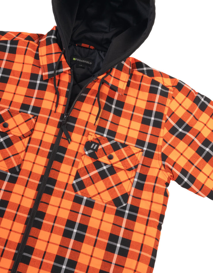 Veste chemise en flanelle à capuche et doublure matelassée à carreaux tartan orange haute visibilité avec fermeture éclair sur le devant 