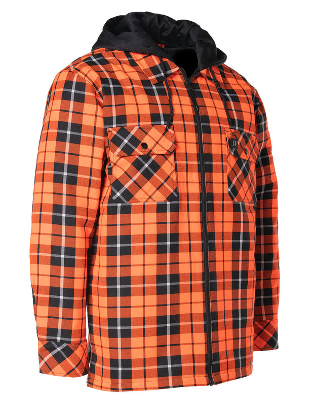 Hi Vis Orange Tartan Plaid Hooded Quilt-Lined Flannel Shirt Jacket with Front Zip