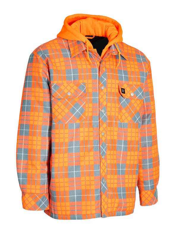 Veste chemise en flanelle à capuche orange haute visibilité avec doublure matelassée à carreaux