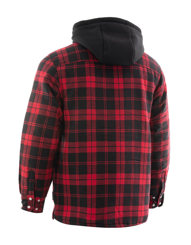 Red Hooded Plaid Sherpa lined Flannel Shirt Jacket Forcefield Canada Hi Vis Workwear and Safety Gloves