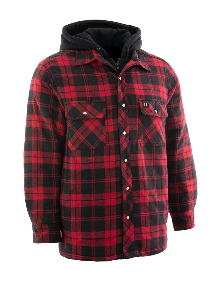 Red Hooded Plaid Sherpa lined Flannel Shirt Jacket