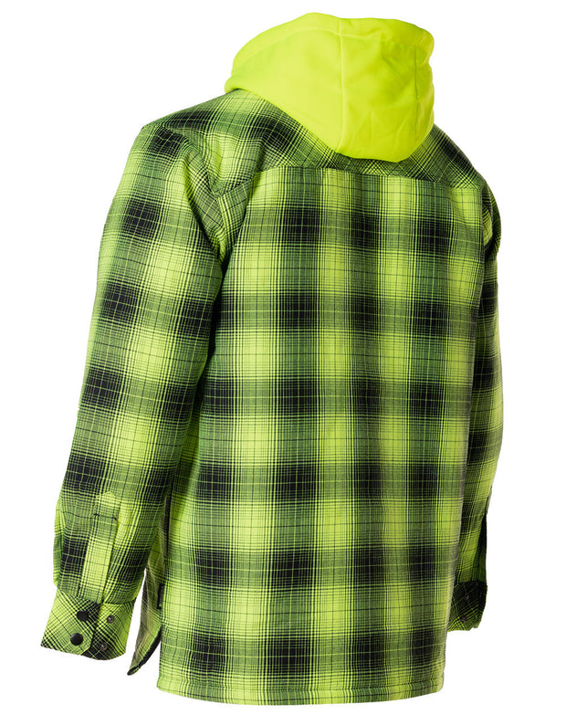 Hi Vis Black Shadow Plaid Hooded Quilt-Lined Flannel Shirt Jacket