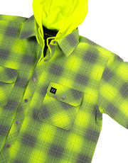 Hi Vis Grey Shadow Plaid Hooded Quilt-Lined Flannel Shirt Jacket