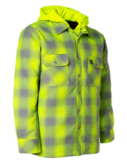 Hi Vis Grey Shadow Plaid Hooded Quilt-Lined Flannel Shirt Jacket