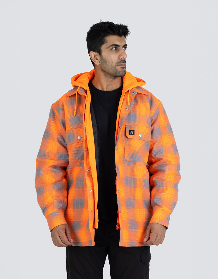 Hi Vis Orange Shadow Plaid Hooded Quilt-Lined Flannel Shirt Jacket