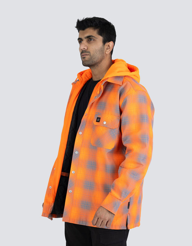 Hi Vis Orange Shadow Plaid Hooded Quilt-Lined Flannel Shirt Jacket