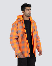 Hi Vis Orange Shadow Plaid Hooded Quilt-Lined Flannel Shirt Jacket