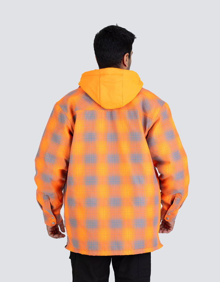 Hi Vis Orange Shadow Plaid Hooded Quilt-Lined Flannel Shirt Jacket