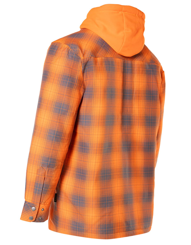 Hi Vis Orange Shadow Plaid Hooded Quilt-Lined Flannel Shirt Jacket