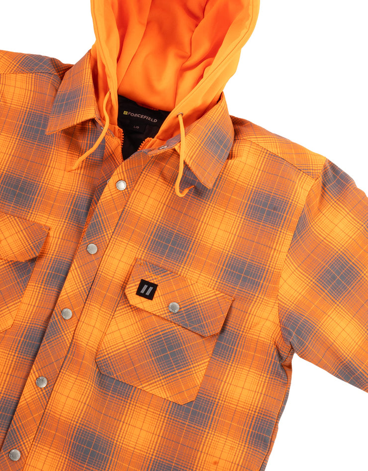 Hi Vis Orange Shadow Plaid Hooded Quilt-Lined Flannel Shirt Jacket