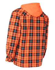 Hi Vis Orange Tartan Plaid Hooded Sherpa-Lined Flannel Shirt Jacket with Front Zip