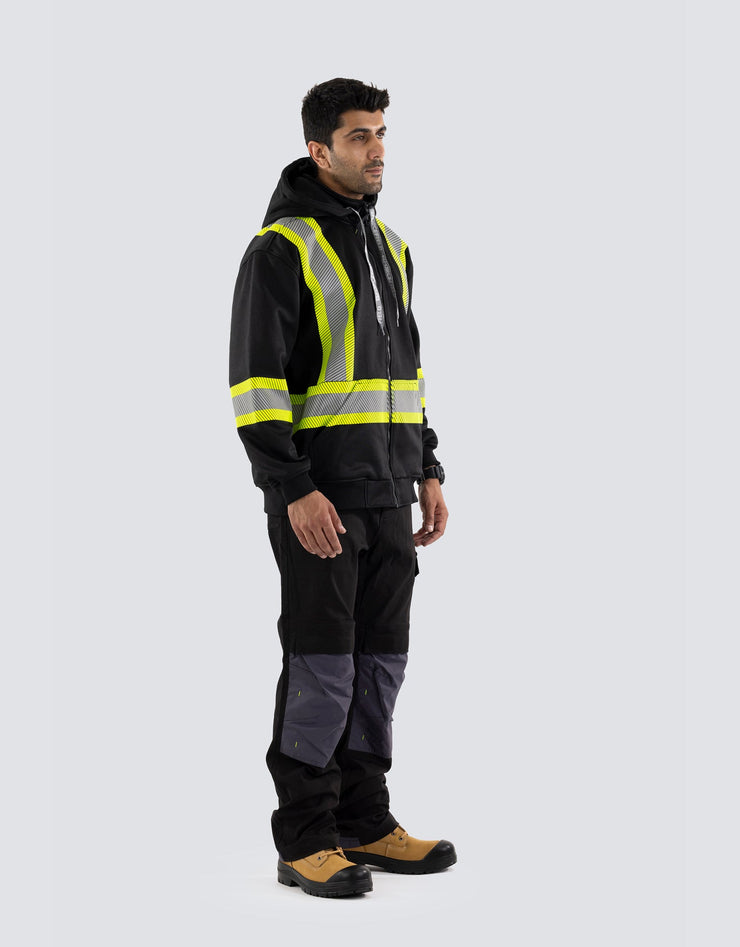 Deluxe Hi Vis Safety Hoodie with Segmented Reflective Tape and Detachable Hood