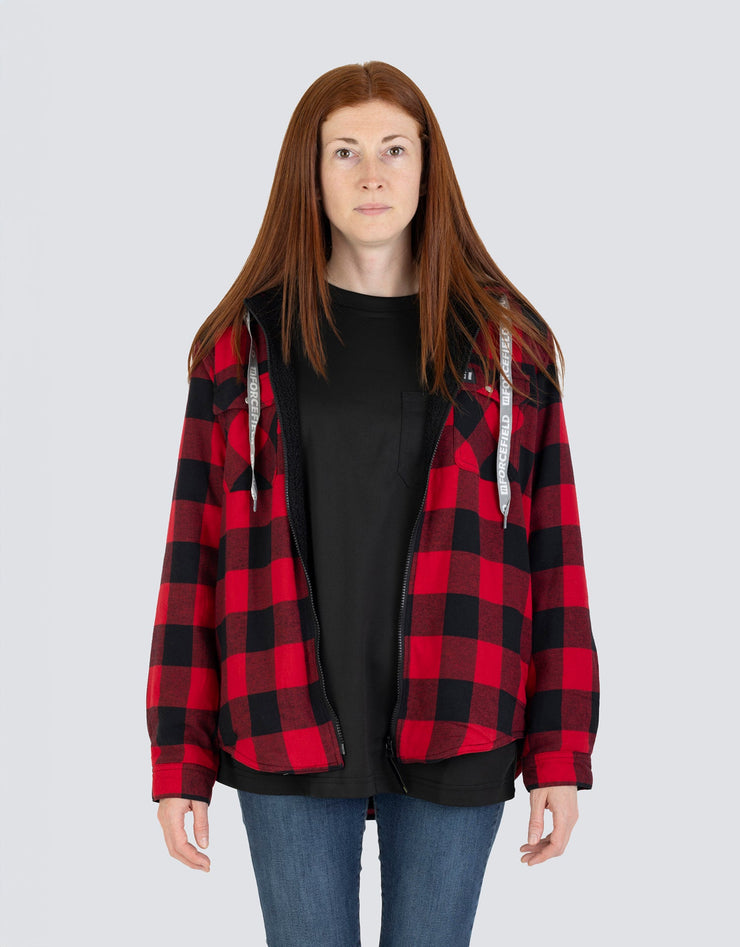 Veste chemise en flanelle à carreaux de buffle doublée de sherpa à capuche pour femme