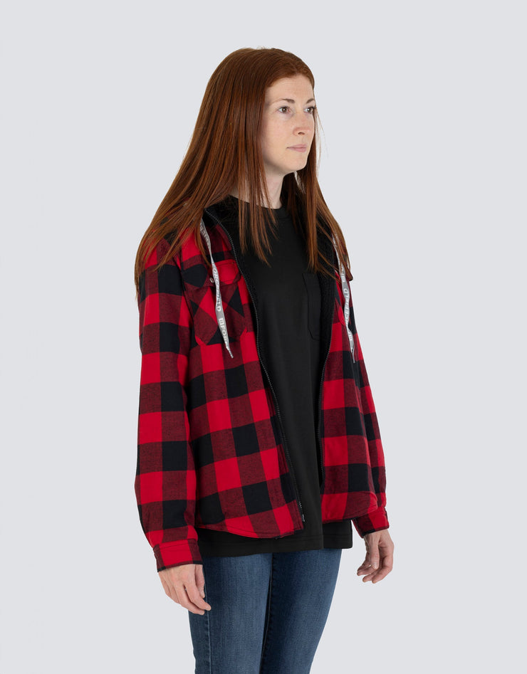 Veste chemise en flanelle à carreaux de buffle doublée de sherpa à capuche pour femme