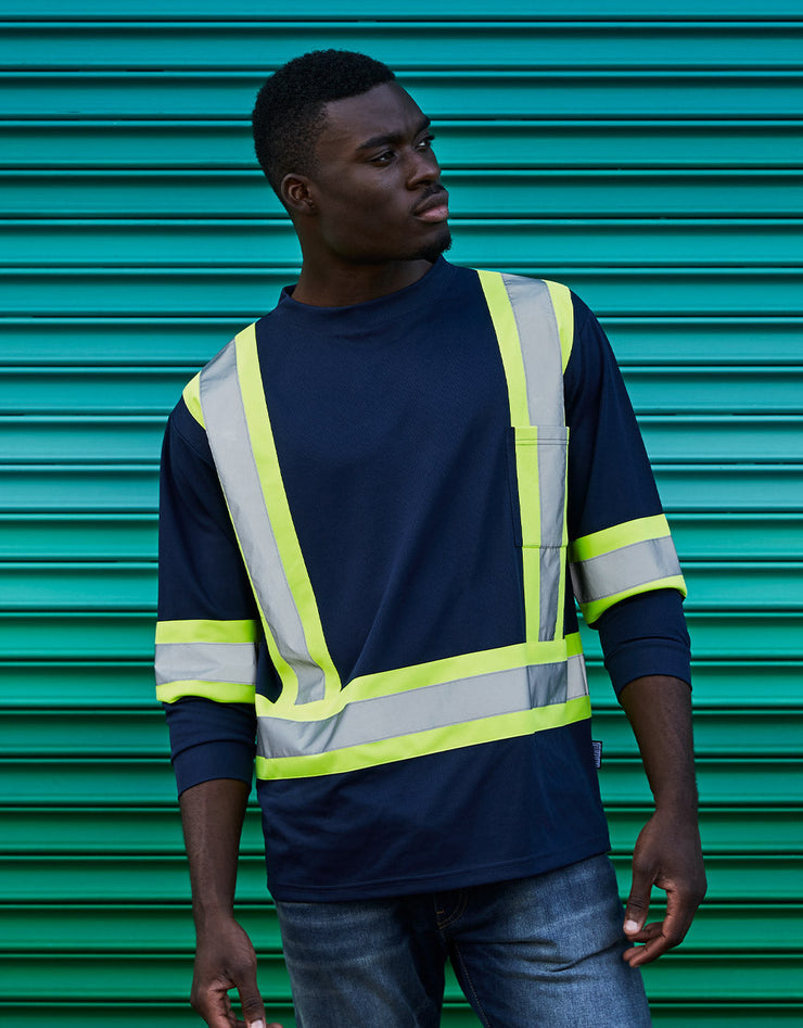 Hi Vis Crew Neck Long Sleeve Safety Tee with Chest Pocket