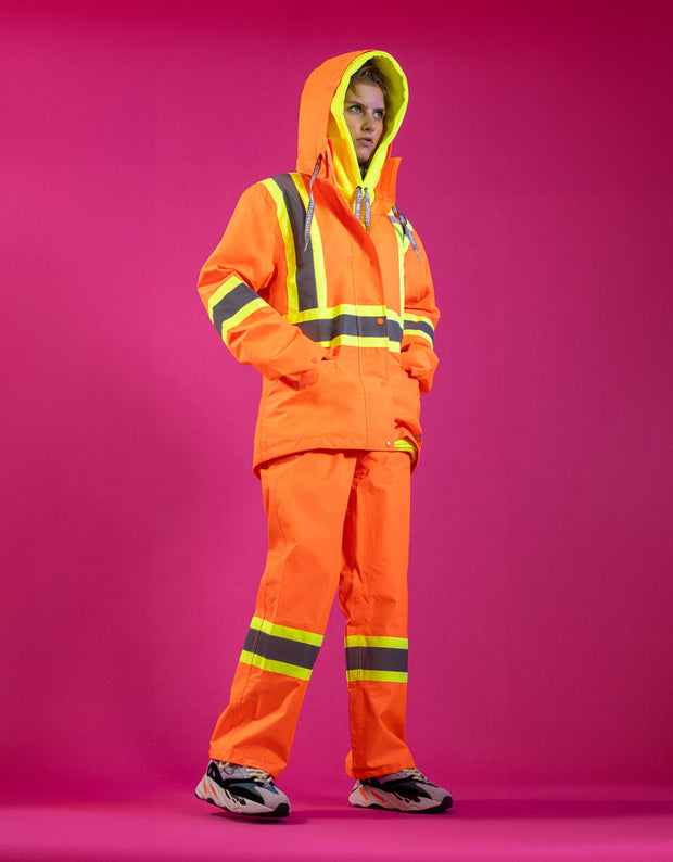 Women's Hi Vis Safety Rain Jacket with Snap-Off Hood