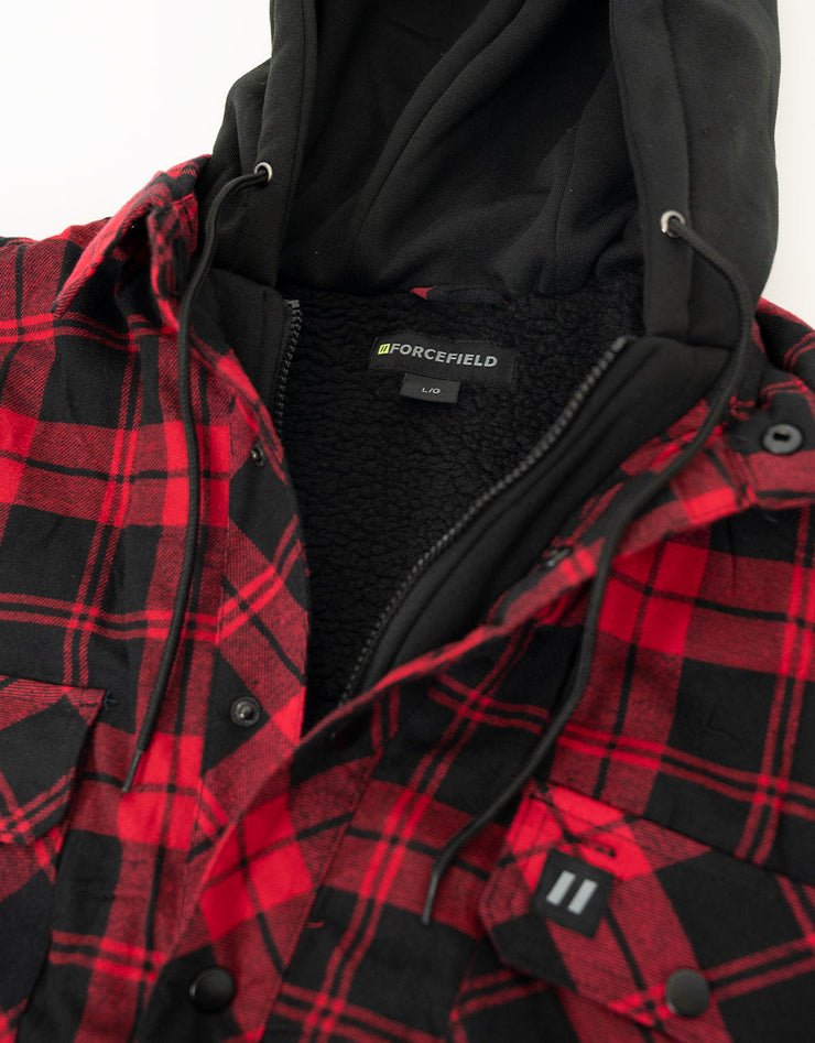 Red Hooded Plaid Sherpa-lined Flannel Shirt Jacket